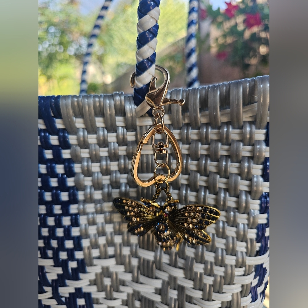 Blue and White Woven Tote with Butterfly Charm